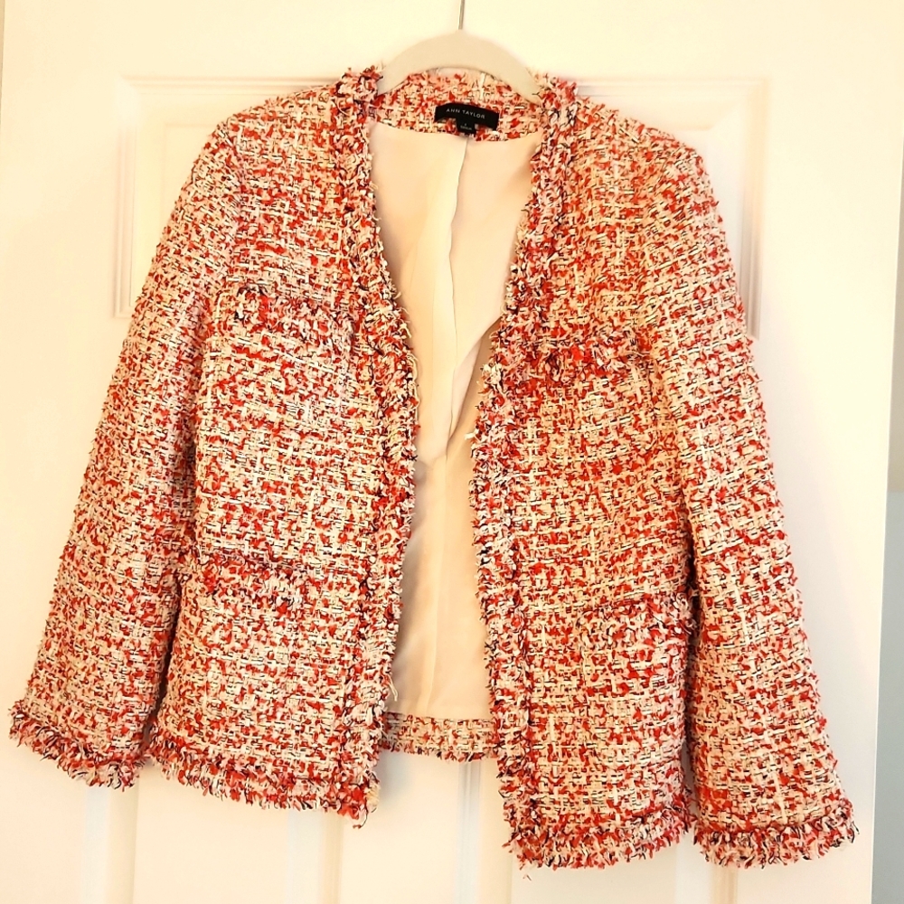 Ann Taylor Fring Tweed Jacket w/ Hook Close.. Red, black, and white tweed Size 2